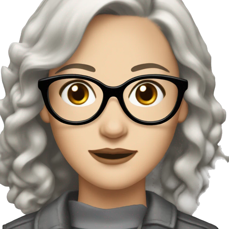 A white Lady with short strait pointed chanel black and gray hair,  light brown eyes with brown glasses emoji