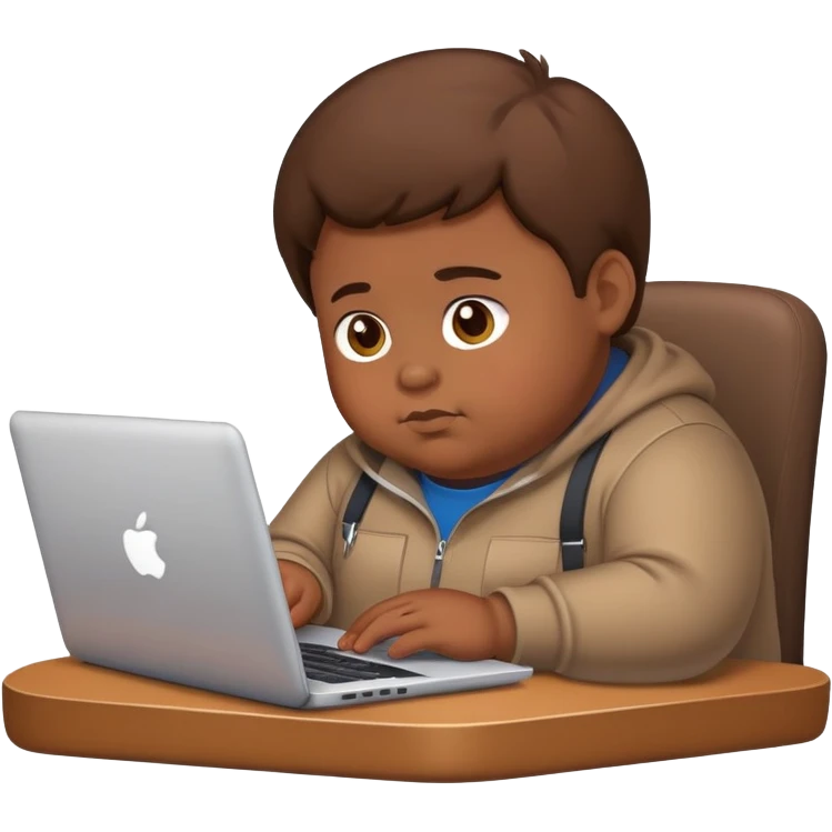 fat brown kid with brown hair using laptop emoji