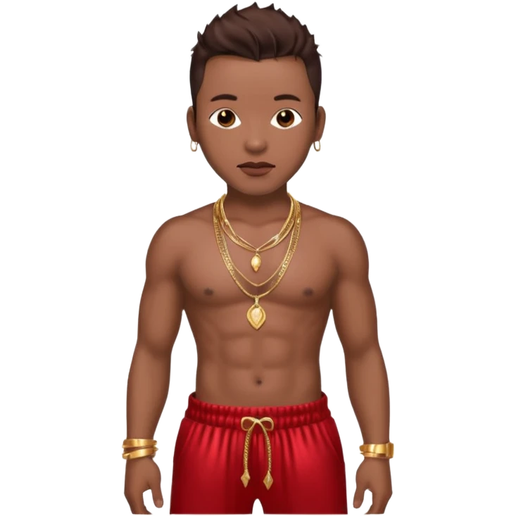 Bobby Brown, R&B Singer with dark brown hair, shirtless with necklace, metallic red harem pants  emoji