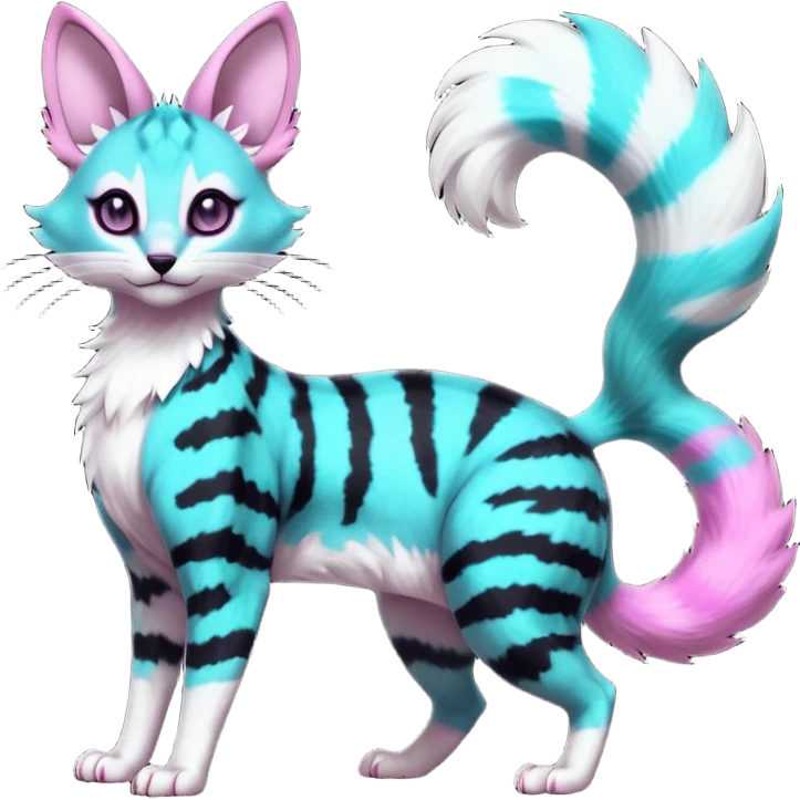 Fantasy onyx-obsidian-pitch-Black-coated with glowing random cyan and magenta markings divine beautiful elegant pretty precious cute young youthful  Fakémon-Pokémon-alien-opossum-feline-serval-caracal-chinchilla-Minccino-hybrid-creature with a big fluffy bushy striped tail (full body) emoji