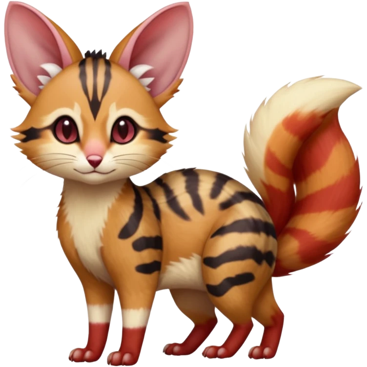 sanguine-red-streaked natural realistic divine beautiful elegant pretty precious cute young youthful  Fakémon-Pokémon-alien-opossum-furret-feline-serval-caracal-chinchilla-Minccino-hybrid-creature with a big fluffy bushy tail (full body) emoji