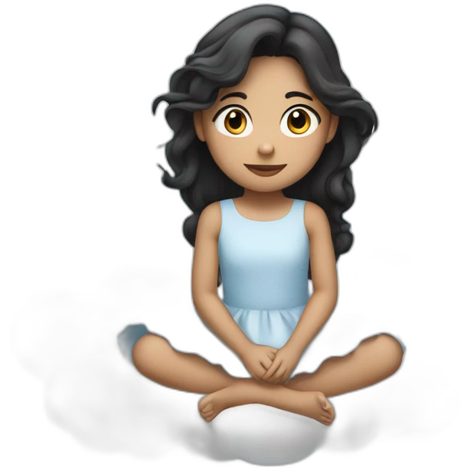 An 8-year-old girl, with light skin, long black hair, wearing a dress with clouds drawn on it, sitting on a cloud. emoji
