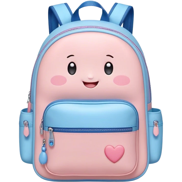 Cute Kawaii Backpack, round and chubby, soft pastel pink and blue, tiny heart-shaped zippers, blushing cheeks, a tiny smiling face, a happy school-time companion! emoji