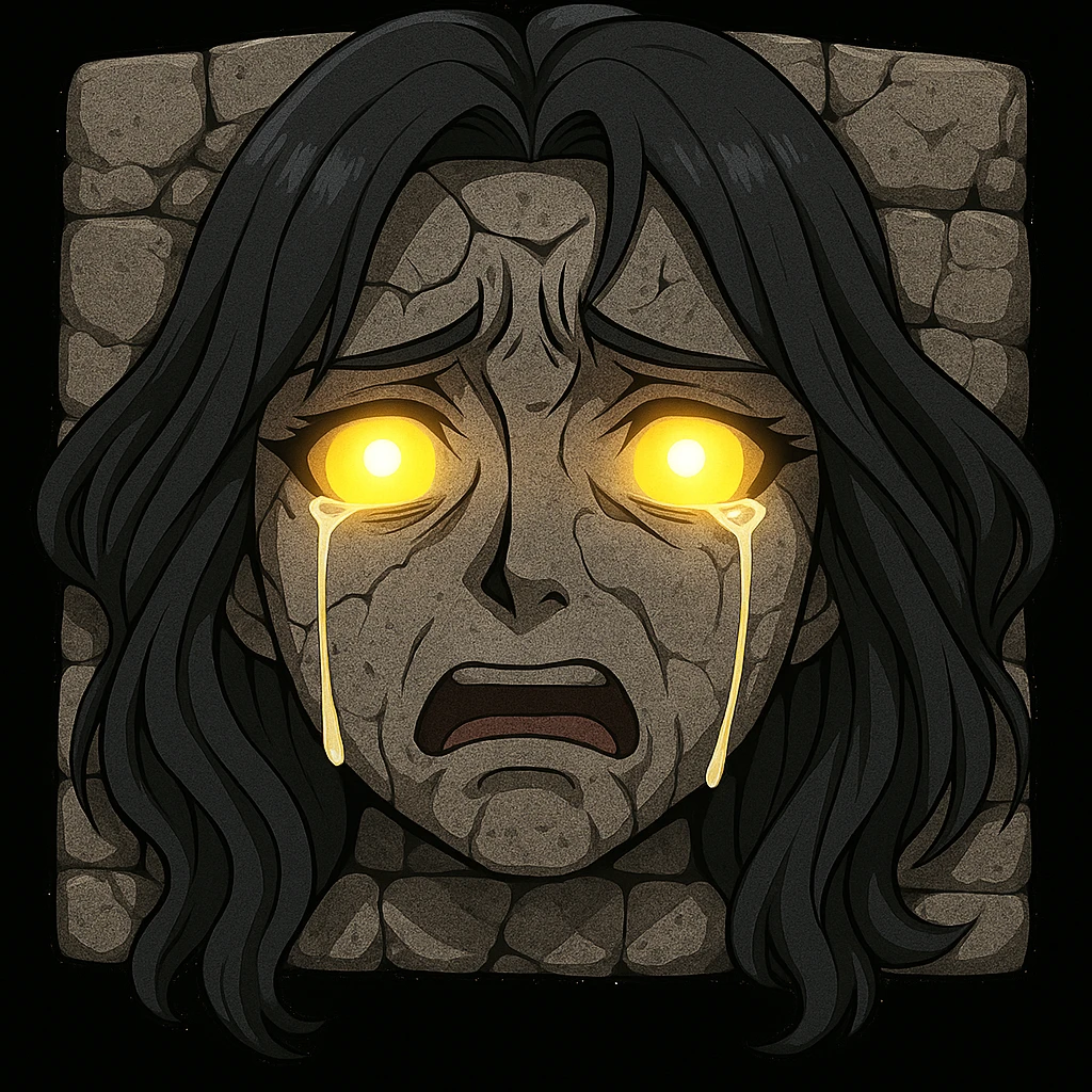 Add glowing eyes to Nigredo's face in the wall, keeping the anime-inspired style and expressive look. Maintain the anime style and expressive features while adding glowing eyes. emoji