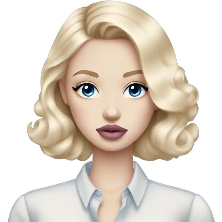 Hot girly pale blonde with blue eyes and light pink lips wearing YsL. Puffed sleeve shirt emoji