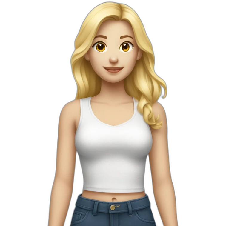 une fille avec un pantalon bleu en un haut noir, des cheveux blonds emoji