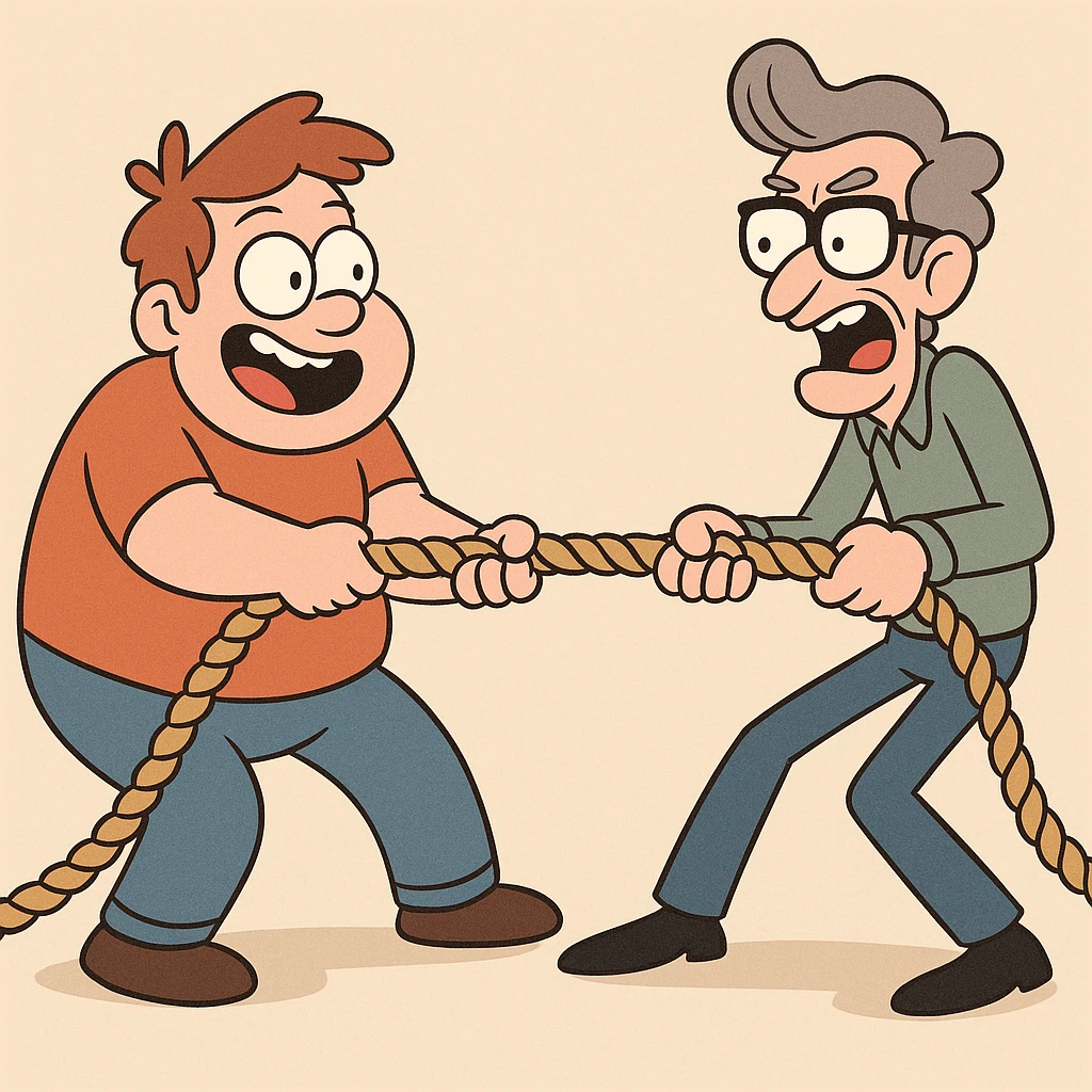 two cartoon characters engaged in a rope pulling contest, energetic, playful emoji