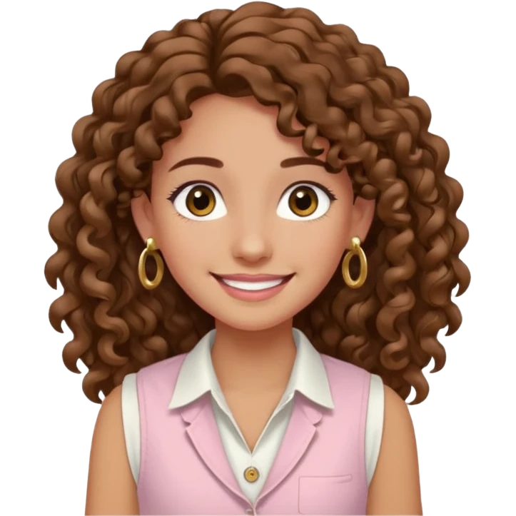 chica un poco morena (no demasiado), pelo rizado largo, sonriendo, con ojos grandes y marrones con camisa rosa palo y un chaleco blanco y aretes dorados en forma de circulo en sus orejas  emoji
