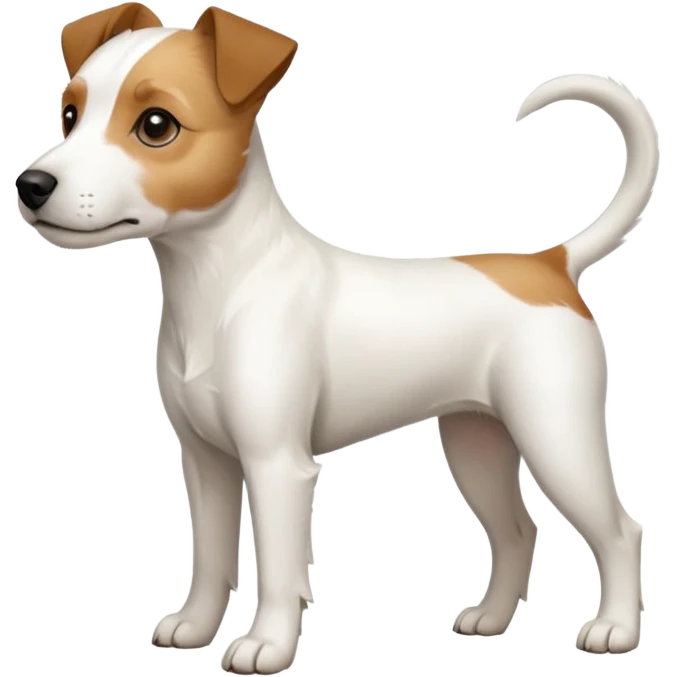 a full body white parson russell looking dog the size of a kelpie with light brown ears and a light brown patch on one eye and a large snout emoji