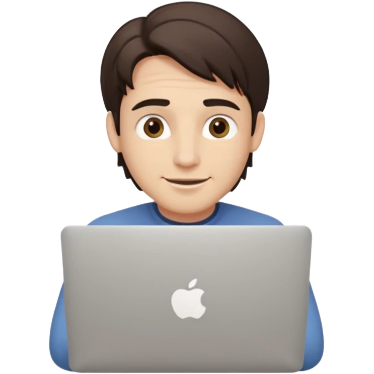A man in his mid 20s, middle part average dude with slightly droopy eyes, happy, using a MacBook, hero for an iOS developers website emoji