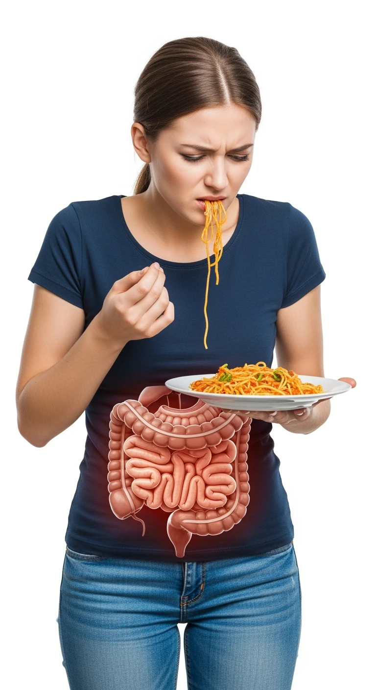 DONNA CHE TIENE UN PIATTO DI PASTA IN MANO MANGIATO PER METà, HA MAL DI PANCIA E INTESTINO UMANO ANATOMICO REALISTICO IN EVIDENZA, iperrealistico 4k, ISOLATA SU SFONDO BIANCO emoji