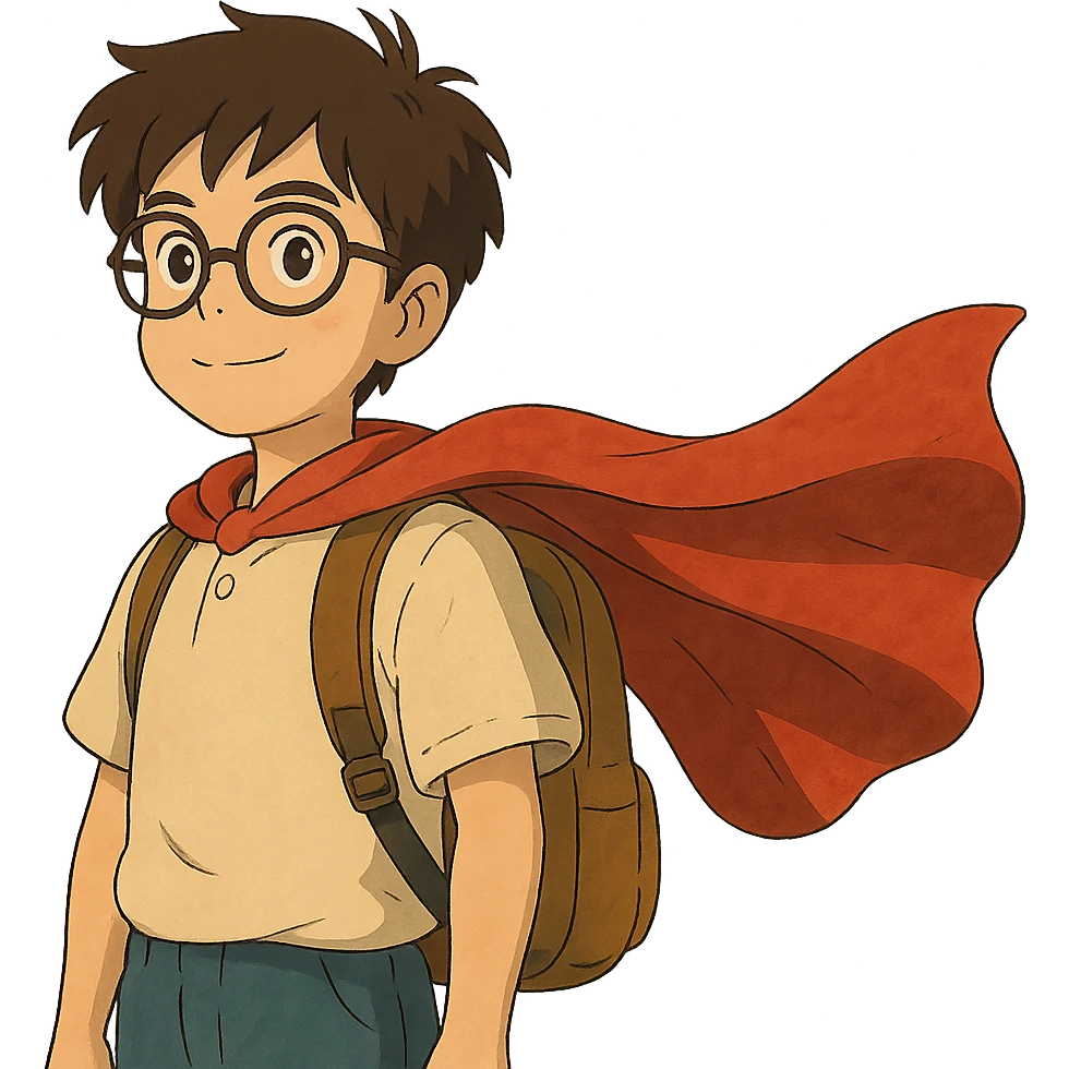 student with glasses and backpack, wearing a superhero cape emoji