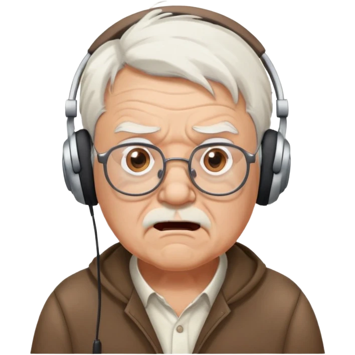 Brown old man with medium white hair, using glasses and headphones looking surprised and angry, no facial hair, a little chubby, looking to the left superior corner emoji