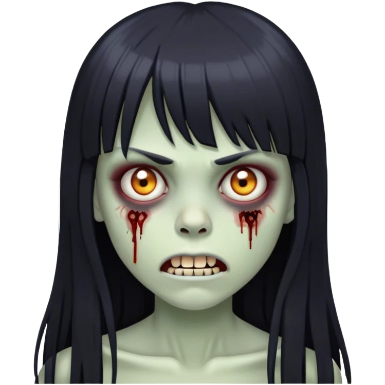 zombie girl with black long hair and bangs with teeth and serious face  emoji