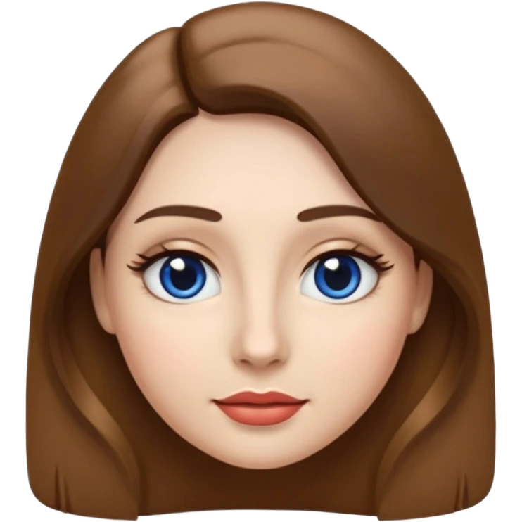 woman's face in rounded glossy emoji style inspired by modern Apple IOS 18 emojis. White British skin tone, long brunette hair, gentle volume at the crown. almond shaped eyes with blue irises, black pupils, false upper eyelashes. Dark, slightly arched eyebrows. Nose small and rounded. Glossed lips. emoji