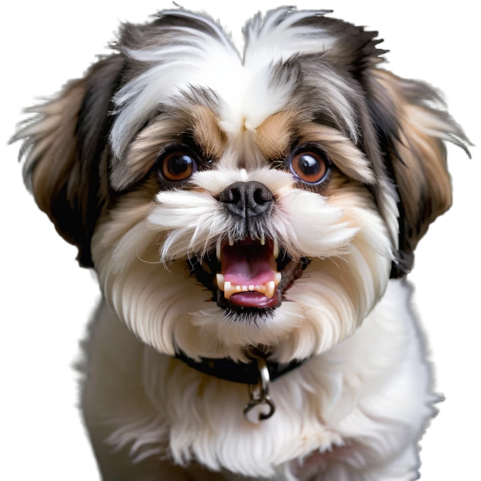 mad shih tzu dog baring teeth, fluffy fur, small dog with big eyes and angry expression emoji
