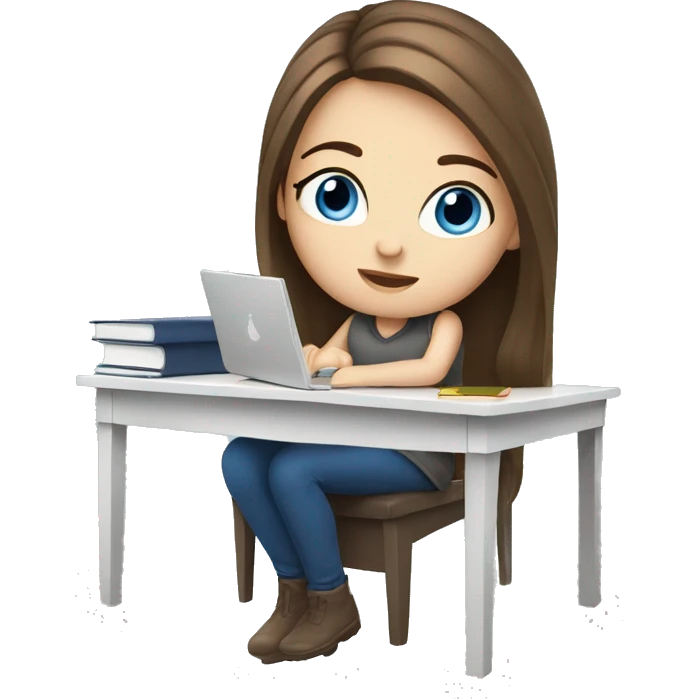 white girl studying at a white desk, brown hair, blue eyes; emoji