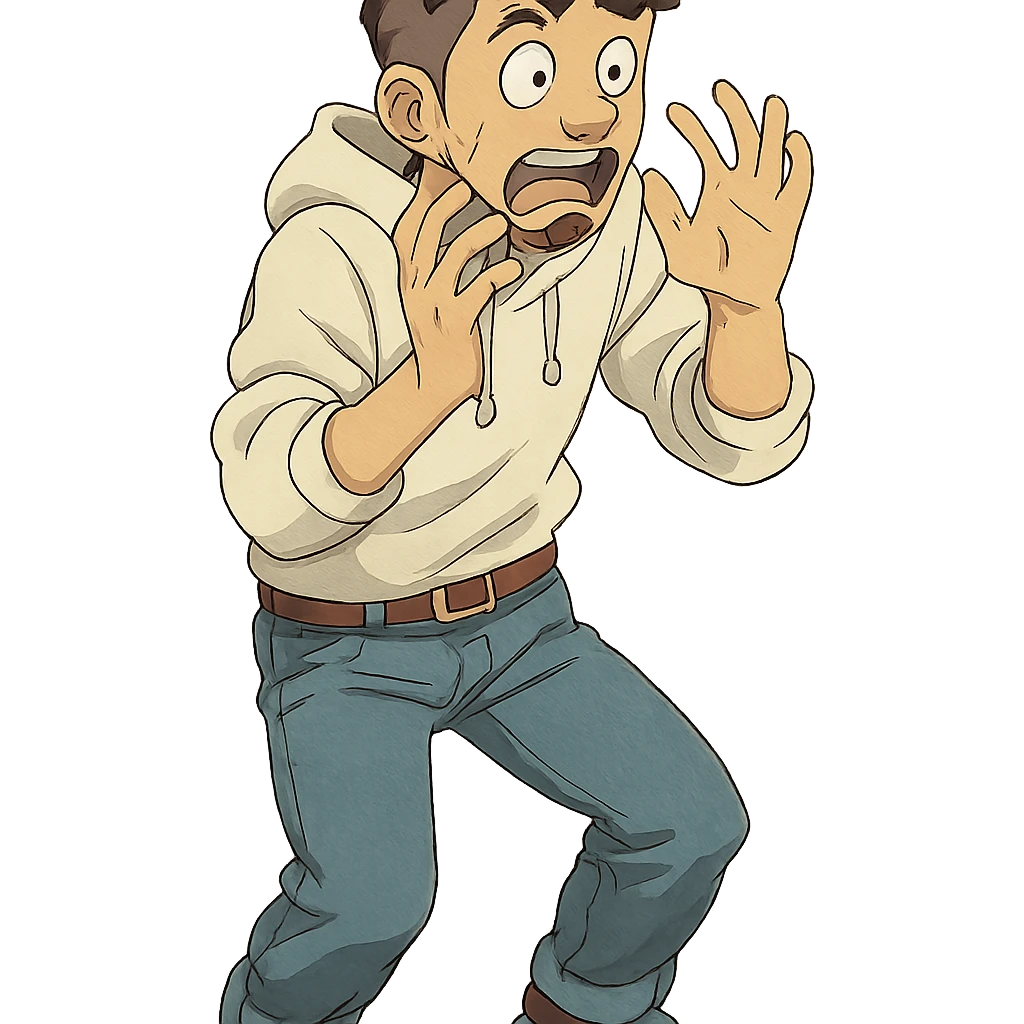 1 male, mid fade haircut dark chestnut brown curly hair, toasted lightskin, white hoodie sleeves up, fashion jeans, red fashion-sneakers shoes, red belt, short trimmed beard and goatee,  style of deku from "my hero academia", doing a "oh no / scared" pose emoji