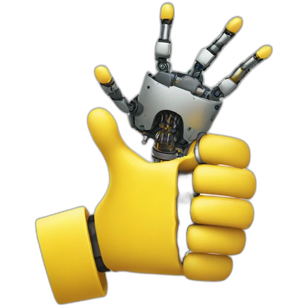 A yellow human hand shaking hands with a robotic hand emoji