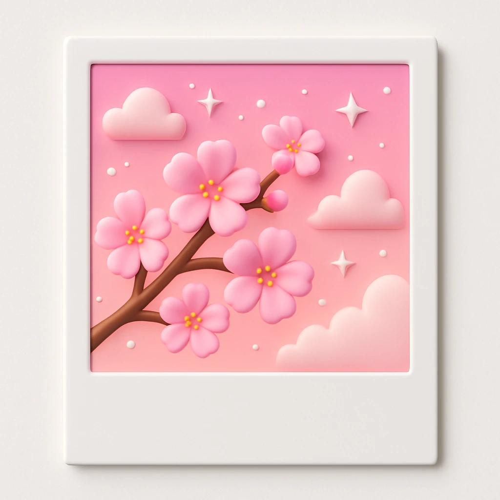 A polaroid picture with pink cherry blossoms and a pink sky with stars and clouds, in 3D iOS style, with a white background. emoji