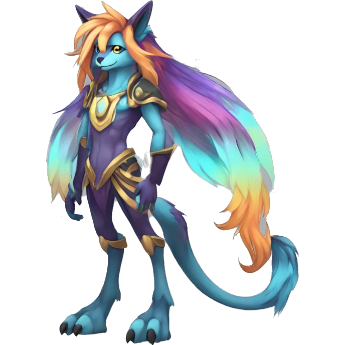 Anthro Sona Cool Edgy Legendary Colorful Shy Shiny Fakemon-Fantasy-Creature With Long Hair-Mane Full Body Detailed High Quality emoji