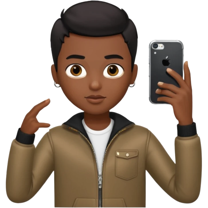generate a pretty bratz dark skinned boy with short black hair taking a selfie emoji