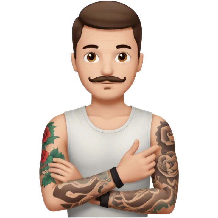 Handsome boy with brown mustache and one arm sleeve tattoos  emoji