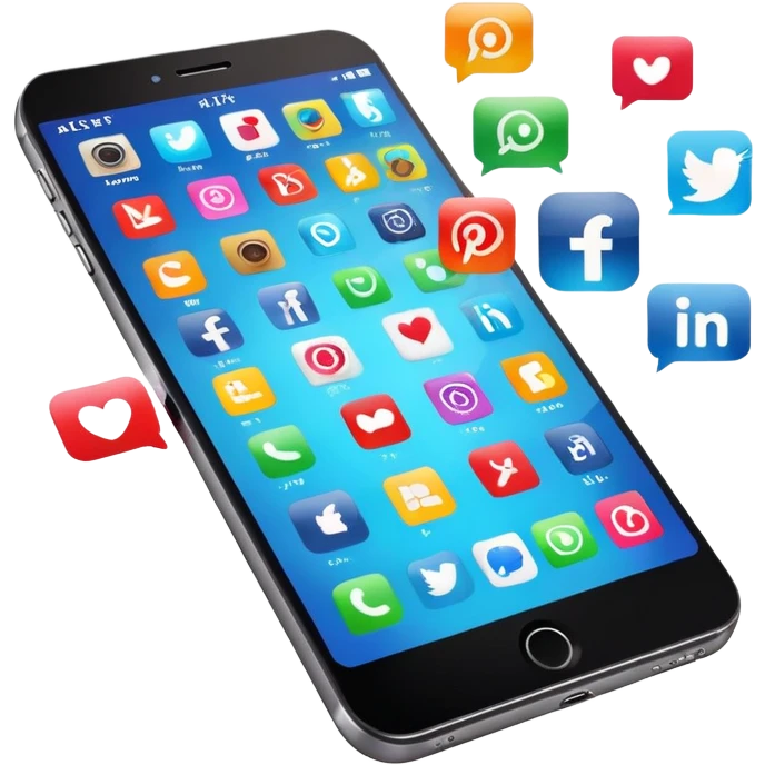 smartphone with social media icons popping out of the screen emoji