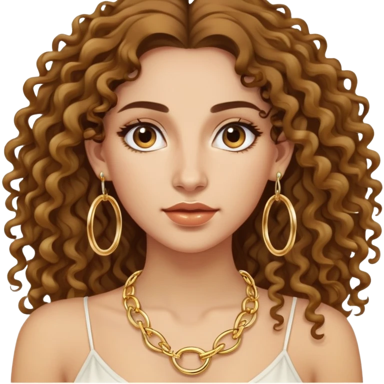 attractive Greek woman with long curly hair and light skin wearing gold hoop earrings and a gold necklace emoji