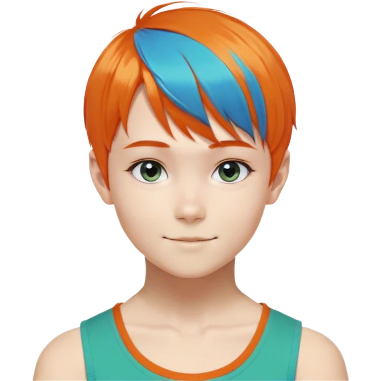 A boy with a feminine appearance, bright orange short hair with bright blue-green at the bangs and the ends of the back hair. The hairstyle is straight to the bangs, the length of the sideburns reaches the collarbone and a small ponytail tied to the side. The eye color is light brown with a little orange. He is usually smiling. The eyebrows have a little bit of a splayed eyebrow, and the angle of the eyes is a little bit foxy. emoji