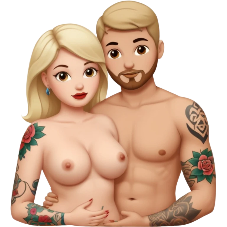 A naked white curvy woman with tattoos who is slim and is giving a blowjob or having sexual activities with a man emoji