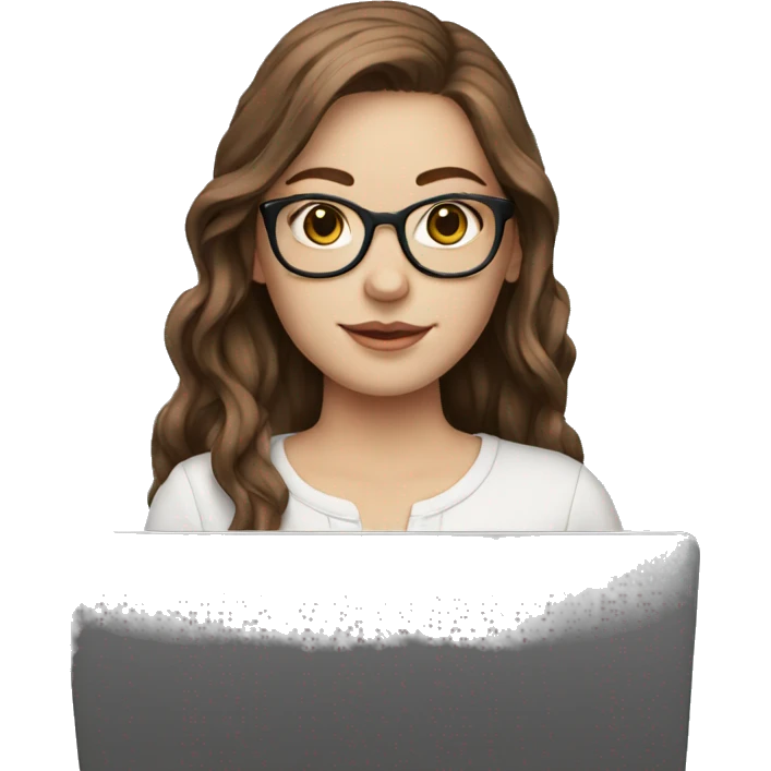 A white girl with long brown hair and glasses holds a laptop emoji