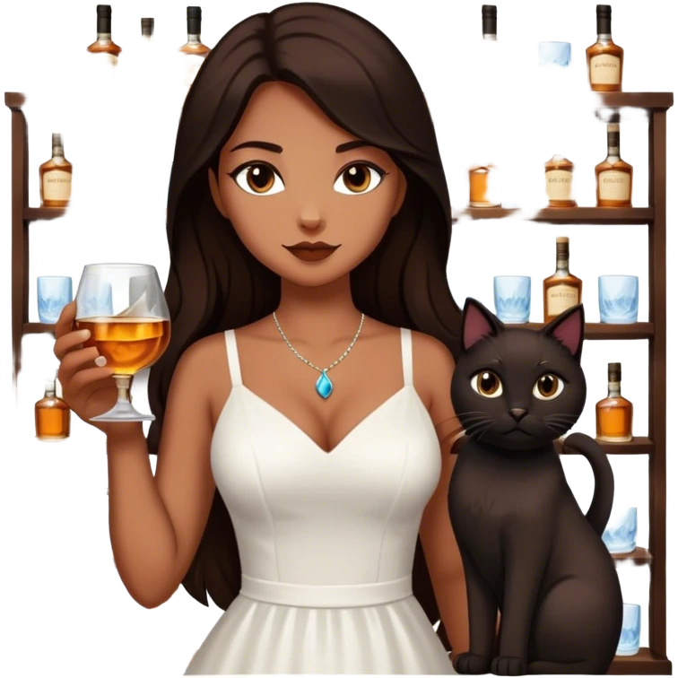 Beautiful woman in 1950’s woman fashion look, white dress, long dark brown hair, whisky with ice, black cat emoji