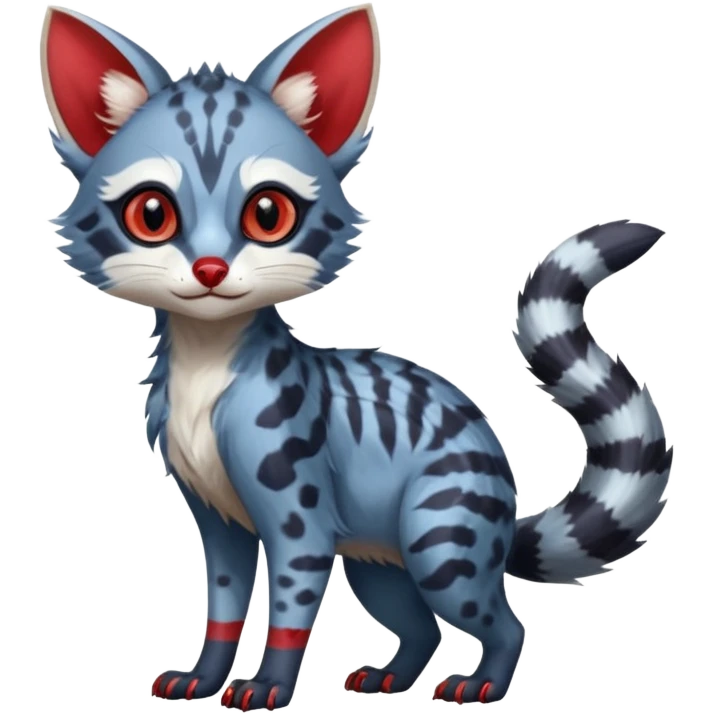 White and blue and red Asian painted anime-styled big-eyed shiny glorious divine marked exotic cool beautiful realistic Lykoi-civet-genet-sergal-oncilla-animal-Fakémon-hybrid-fursona (full body) emoji