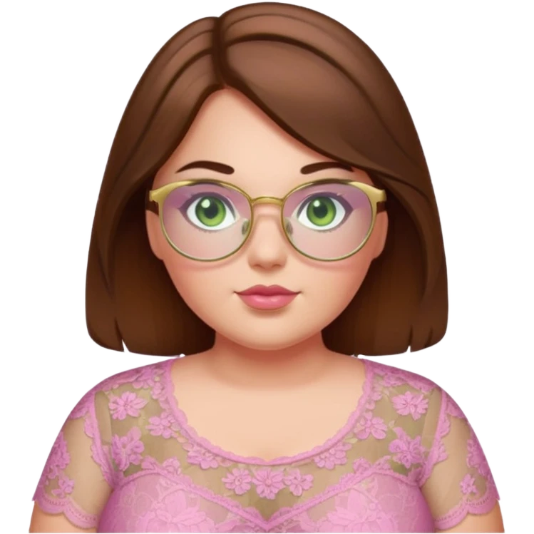 Baddie bratz girl with middle parted long wavy brown hair. green eyes. Plus size. pink lace top. Gold rimmed glasses emoji