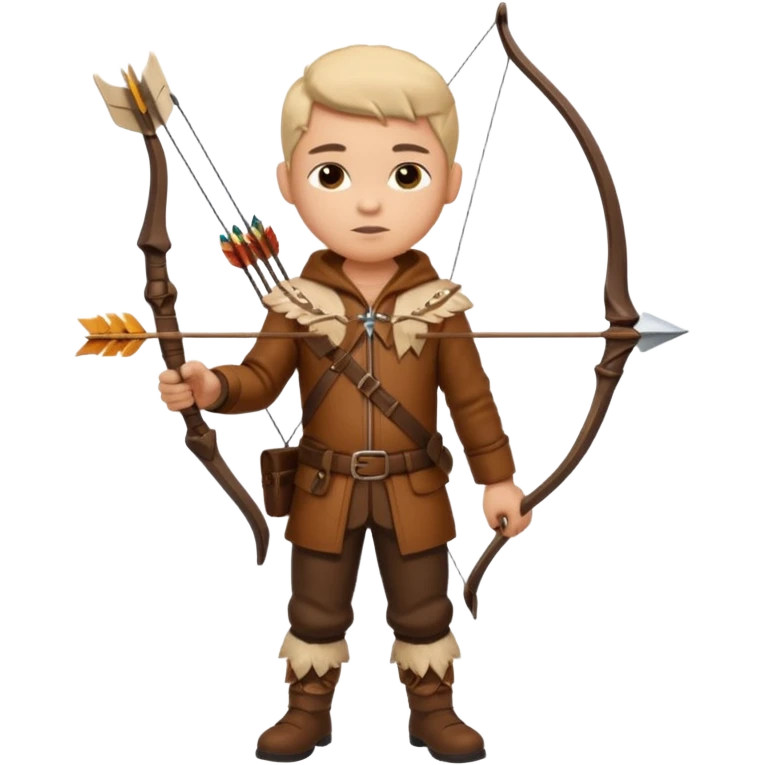 The classic hunter figure with a bow and arrow on his back, dressed in brown clothes and adorned with animal decorations emoji