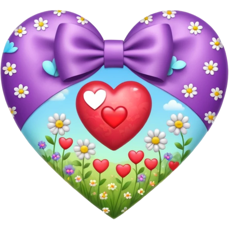 heart with a flower meadow, silver bow with heart pattern on the bow, apple emoji style emoji