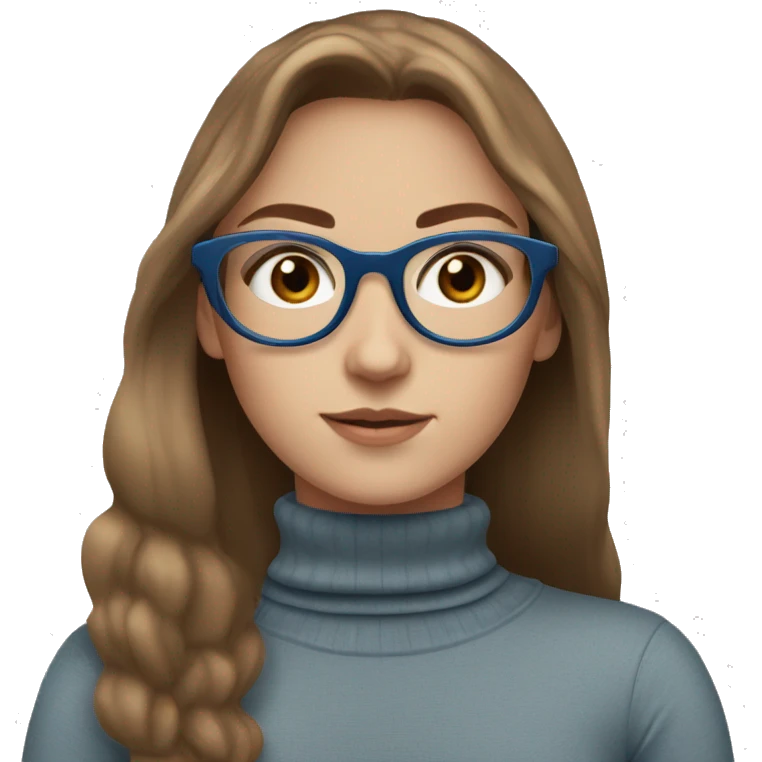 White girl wearing turtleneck with blue eyes, brown hair, and circle glasses emoji