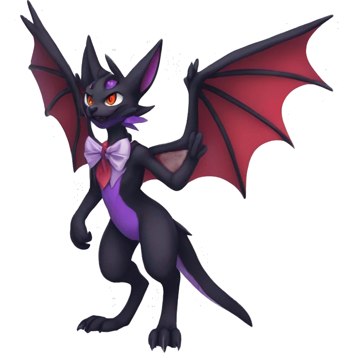 cool cartoon anthro evil black purple red ethereal fantasy nargacuga-Noivern-cat-Fakemon collar harness bow tie and bracers full body emoji
