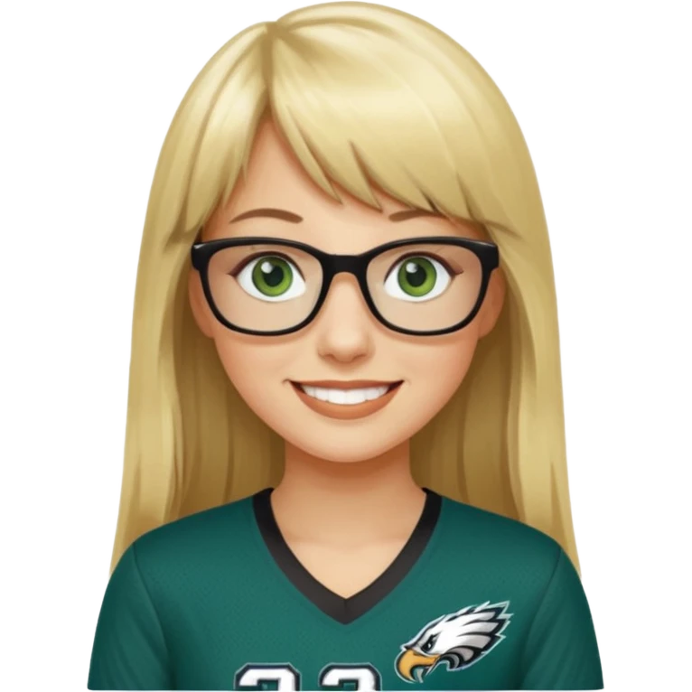 long blonde hair with bangs black glasses female green eyes football player wearing eagles jersey number 33 emoji
