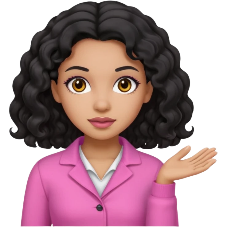 A mixed woman with black wavy hair and black eyes wearing pink emoji