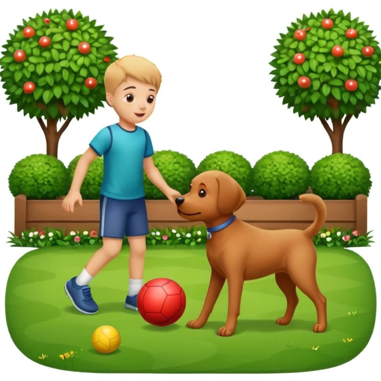 kid and dog playing with ball, garden background emoji