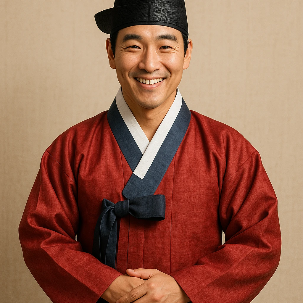 smiling man in hanbok, hands folded, traditional look emoji