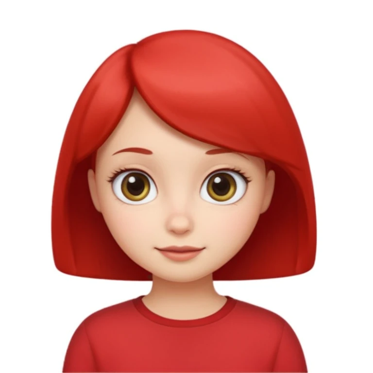 Cute female character, rounded face, big eyes, small nose, subtle smile, bob cut, red shirt emoji