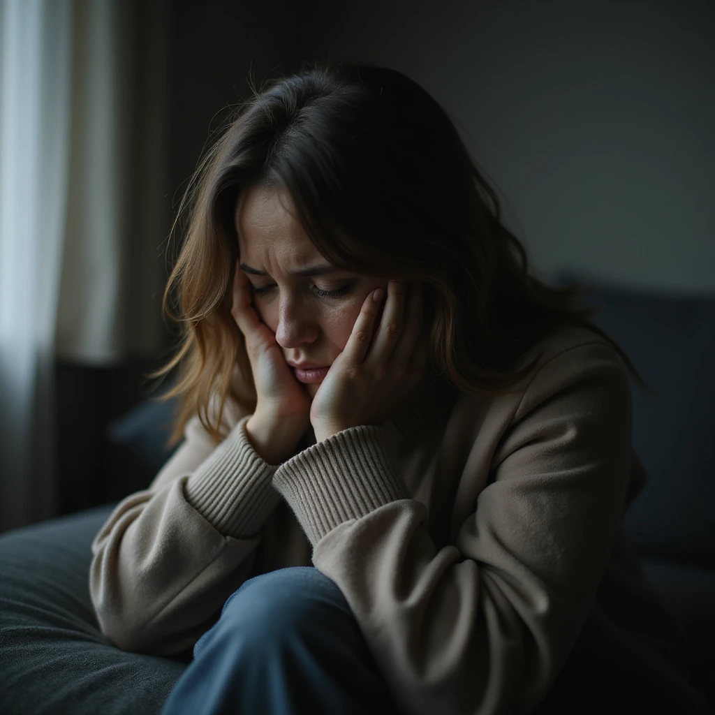 realistic image of a woman sitting with a lost gaze, severe damage to well-being, signs of stress and fatigue, sad atmosphere, realistic details emoji