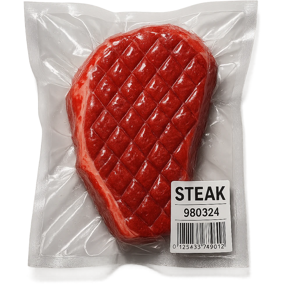 diamond-textured meat steak, shiny and inflated, vacuum-sealed style emoji