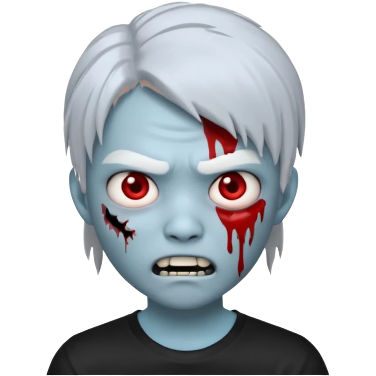 Create a 3D emoji-style avatar with very pale blue-grey zombie skin like the reference image, a young Asian face, and large eyes with blood tears. Give it white mullet-style hair, silver hoop earrings, and a plain black T-shirt. The face expression should be slightly angry, wwhite vampire teeth emoji