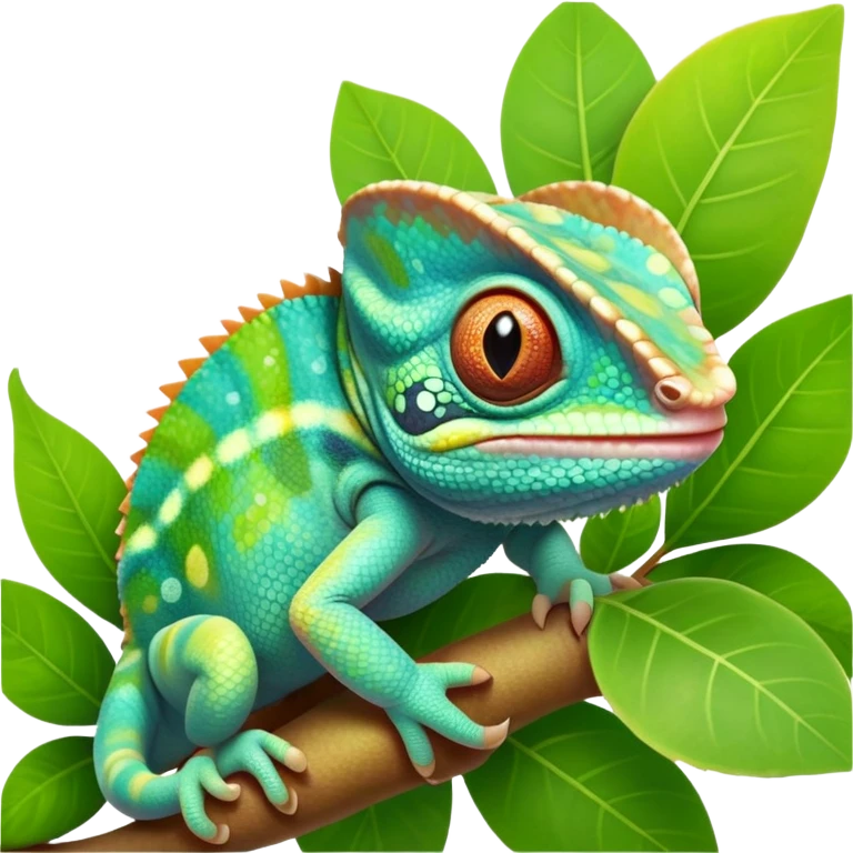 cinematic cute-smiling baby chameleon-realistic emoji,-blending-with-vibrant-greenery.-detailed-scales-in-shifting-colors,-showing-the-chameleon’s-ability-to-camouflage.-soft-natural-light-highlights-its-texture.-nature-background, zoomed into its face emoji