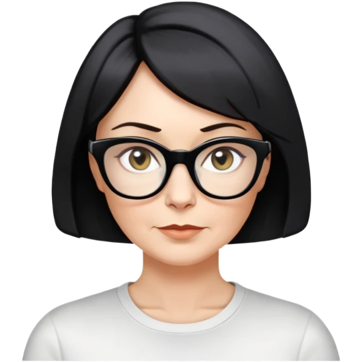 white woman about 50 years old with light warm skin, short black bob haircut to neck with slight waves at ends, neutral determined expression, large black shiny butterfly or cat-eye glasses, white casual t-shirt, calm and creative energy emoji