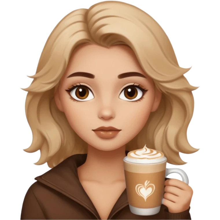 cozy warm-toned emoji girl with soft bronzy eyeshadow, fluffy brows, caramel shimmer, glossy nude lips, light contour, tousled hair, latte-inspired look emoji